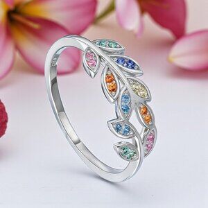 Minimalist Leaf Ring S925 Sterling Silver Colorful Zirconia Dainty Jewelry